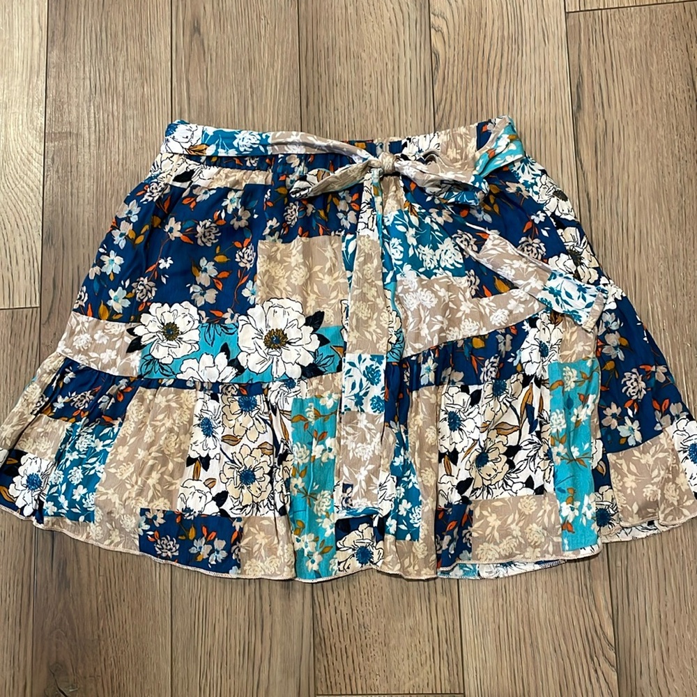 Pink lily blue/tan floral patchwork mini skirt